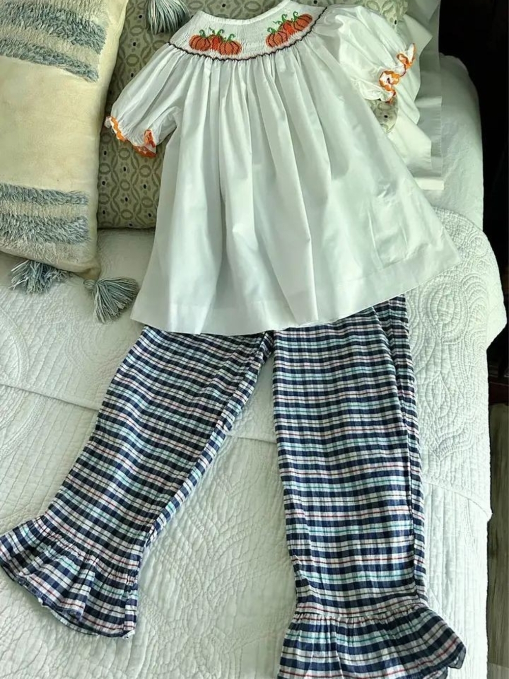 Classic Whimsy Boutique Pumpkin Smocked Top and Navy Pants Set